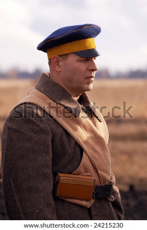 Person, weared in Russian military  uniform 1918. Civil War Historical military reenacting. Kiev, Ukraine February 2,2008