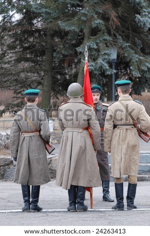 KIEV, UKRAINE - FEB 23, 2008:  Military history club Red Star.Red Army Day celebration. Person in Soviet WW2 military uniform. Historical  reenacting in Kiev, Ukraine, February 23, 2008.