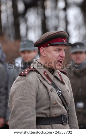 KIEV, UKRAINE - FEB 23: A member of the history club called Red Star wears a historical uniform as he participates in a WWII reenactment celebrating Red Army Day on February 23, 2008 in Kiev, Ukraine.