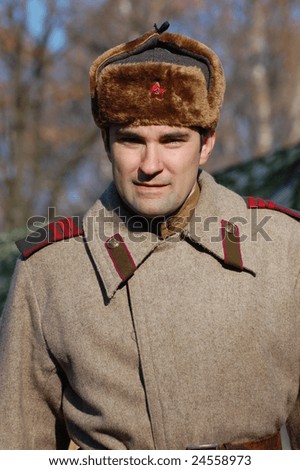 KIEV,UKRAINE NOV 8,2008: A member of the history club called Red Star wears a historical uniform as he participates in a WWII reenactment celebrating Red Army Day on 7-9 November 2008 in Kiev, Ukraine.