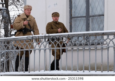 KIEV, UKRAINE - FEB. 20: A member of the history club called Red Star wears a historical soviet uniform as he participates in a WWII reenactment. February 20, 2009 in Kiev, Ukraine.