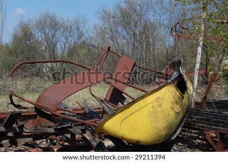 Chernobyl area. Lost city Pripyat. Modern ruins. City park.Ukraine. Kiev region