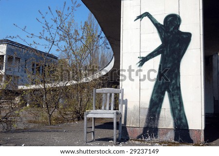 Ghost of lost city Pripyat. Chernobyl area. Modern ruins.Graffiti. Ukraine. Kiev region.