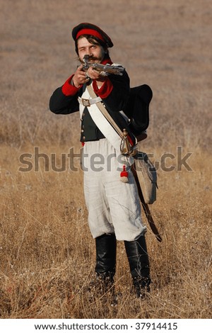 Person weared Russian army uniform of Crimean War.Minsk infantry regiment