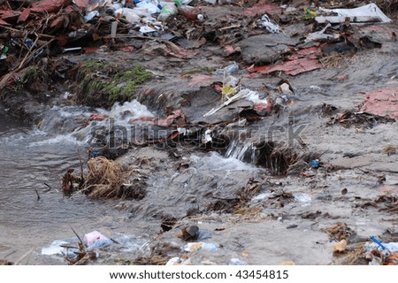 Environmental contamination. Rubbish in a water stream near Kiev,Ukraine