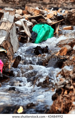 HDR.Environmental contamination. Rubbish in a water stream near Kiev,Ukraine