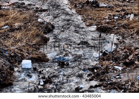 HDR.Environmental contamination. Rubbish in a water stream near Kiev,Ukraine