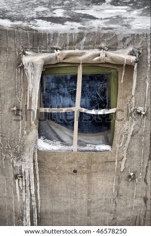 Frozen window.Soviet military tent in snow.Historical reenacting of WW2. Kiev,Ukraine