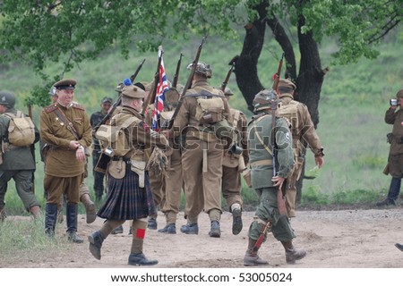 KIEV, UKRAINE - MAY 10 : members of Red Star history club wear historical British&US uniforms during participation in 1945 WWII reenactment May 10, 2010 in Kiev, Ukraine.