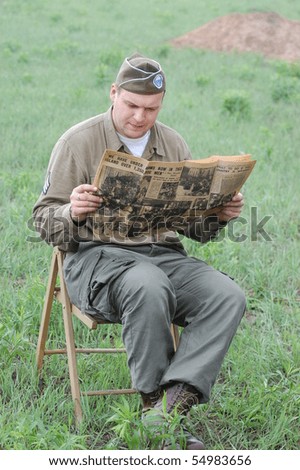 KIEV, UKRAINE - MAY 8 : Member of Red Star history club wears historical American uniforms during participation in 1945 WWII reenactment May 8, 2010 in Kiev, Ukraine.