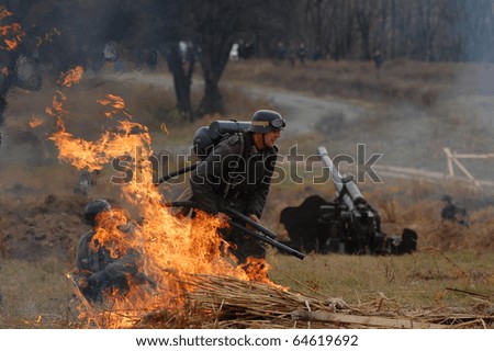 German soldier with flame-thrower. WWII reenactment in Kiev,Ukraine
