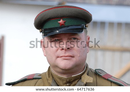 KIEV, UKRAINE - NOV 7: member of Red Star history club wears historical Soviet uniform during historical reenactment of Kiev Liberation in 1943, November 7, 2010 in Kiev, Ukraine