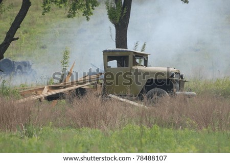 KIEV, UKRAINE - MAY 8 : Red Star military history club . Soviet truck of WW2 explosion during historical reenactment of WWII on May 8, 2011 in Kiev, Ukraine