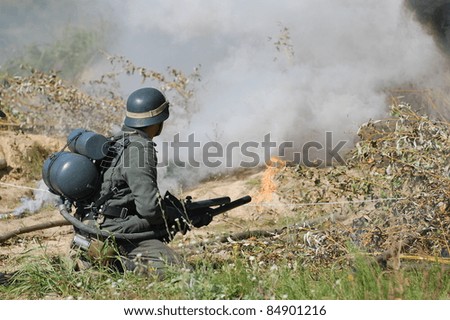 German soldier with flame-thrower. WW2 reenactment in Kiev,Ukraine