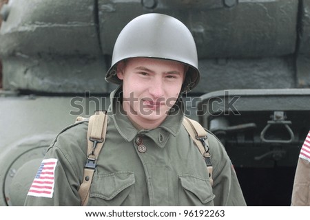 KIEV, UKRAINE -FEB 25:Unidentified member of Red Star history club wears historical American uniforms  during historical reenactment of WWII,Military history club Red Star on February 25, 2012 in Kiev, Ukraine