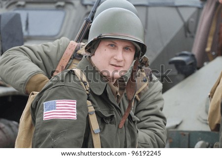 KIEV, UKRAINE -FEB 25: Unidentified member of Red Star history club wears historical American uniforms  during historical reenactment of WWII,Military history club Red Star on February 25, 2012 in Kiev, Ukraine