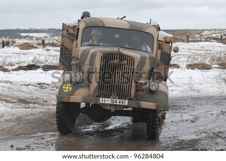 KIEV, UKRAINE -FEB 25: German military truck during historical reenactment of WWII,Military history club Red Star on February 25, 2012 in Kiev, Ukraine