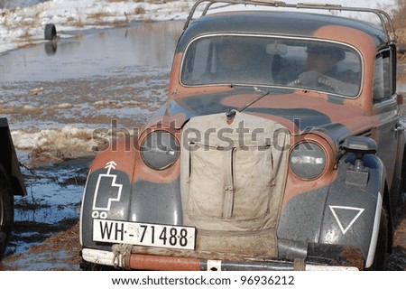 KIEV, UKRAINE -FEB 25: Old German car during historical reenactment of WWII, Military history club Red Star on February 25, 2012 in Kiev, Ukrainel