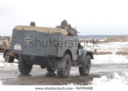 KIEV, UKRAINE -FEB 25: German armored truck during historical reenactment of WWII,Military history club Red Star. February 25, 2012 in Kiev, Ukraine
