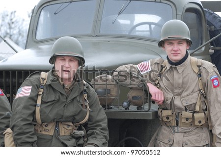 KIEV, UKRAINE FEB 25:  Members of Red Star history club wear historical American uniforms during historical reenactment of WWII, Military history club Red Star on February 25, 2012 in Kiev, Ukraine