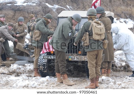 KIEV, UKRAINE FEB 25:  Members of Red Star history club wear historical American uniforms during historical reenactment of WWII, Military history club Red Star on February 25, 2012 in Kiev, Ukraine