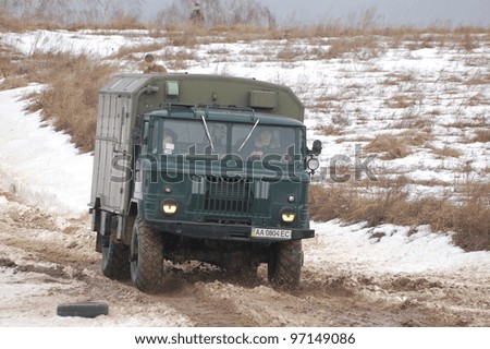 KIEV, UKRAINE -FEB 25: Soviet military truck created after WWII during Historical Military Motor Show,Military history club Red Star. February 25, 2012 in Kiev, Ukraine