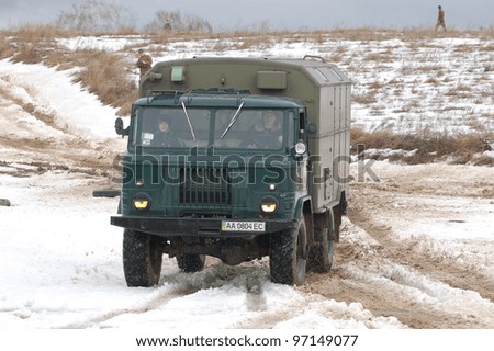KIEV, UKRAINE -FEB 25: Soviet military truck created after WWII during Historical Military Motor Show,Military history club Red Star. February 25, 2012 in Kiev, Ukraine