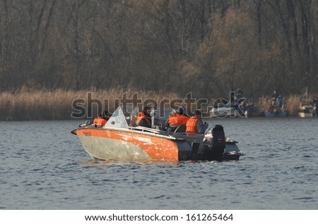 KIEV, UKRAINE -NOV 3: Ukrainian Civil Protection lifeboat   during historical reenactment of WWII, Dnepr river crossing 1943, November 3, 2013 . Kiev, Ukraine