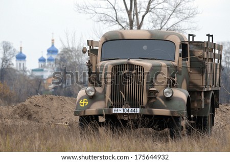 Kiev, Ukraine - November 1: German historical military transport is displayed on the Field of Battle military history festival on November 1 , 2013 in Kiev, Ukraine