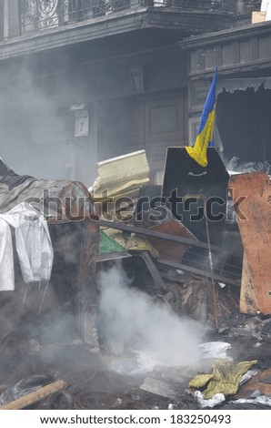 KIEV, UKRAINE - FEB 10, 2014: Downtown of Kiev.Barricades. Riot in Kiev and Western Ukraine.February 10, 2014 Kiev, Ukraine