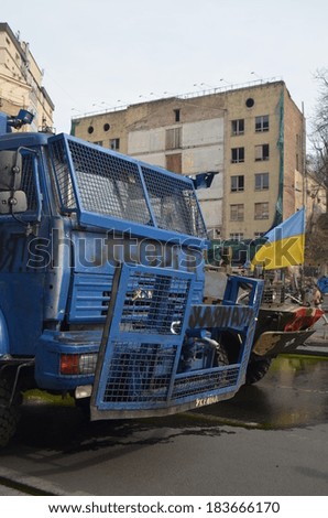 KIEV, UKRAINE -MAR 24, 2014 Downtown of Kiev Police and military transport on the main street. Riot in Kiev and Western Ukraine March 24, 2014 Kiev, Ukraine