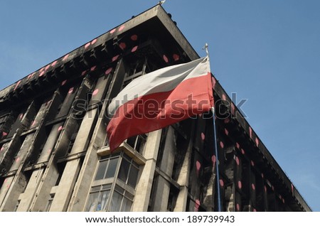 KIEV, UKRAINE - APR 28, 2014: Flag of Poland, that supports Putsch of Junta in Kiev Camp of rioters in Kiev.April 28, 2014 Kiev, Ukraine