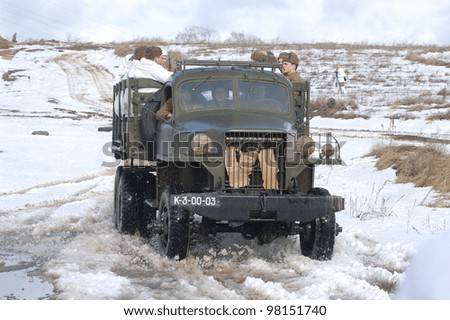 KIEV, UKRAINE -FEB 25: American truck used of Red Army at WWII time during historical reenactment of WWII, Military history club Red Star, February 25, 2012 in Kiev, Ukraine