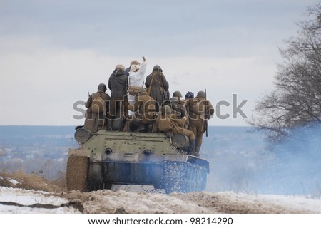 KIEV, UKRAINE -FEB 25: Old Russian tank T-34 during historical reenactment of WWII,Military history club Red Star, February 25, 2012 in Kiev, Ukraine