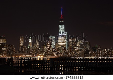 New York City's World Trade Center featuring Freedom Tower during Super Bowl XLVIII Game Night