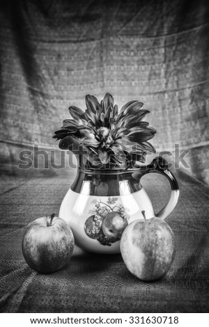 Black and White - High Grain - High Contrast - Pitcher, Flowers and Apples