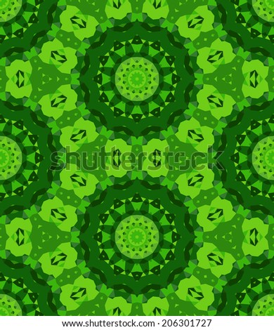 Seamless mosaic pattern based on polygons. Can be used as decoration for the gift boxes, wallpapers, backgrounds, web sites. Geometrical abstract ornament with the stars, gems. Green theme. Eco design