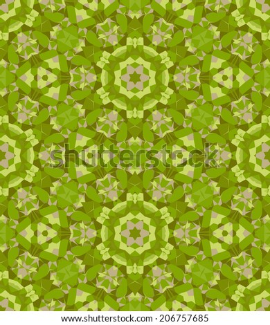 Seamless mosaic pattern based on polygons. Can be used as decoration for the gift boxes, wallpapers, backgrounds, web sites. Geometrical ornament with stars, gems. Green apple theme. Eco design