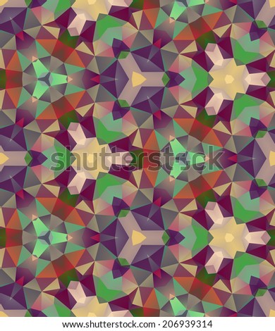 Seamless mosaic pattern based on polygons. Can be used as decoration for the gift boxes, wallpapers, backgrounds, web sites. Geometrical ornament with the stars, gems and snowflakes. Mosaic theme.