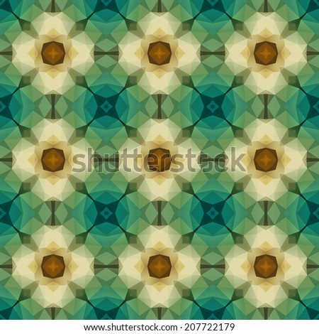 Seamless mosaic pattern based on polygons. Can be used as decoration for the gift boxes, wallpapers, backgrounds, web sites. Geometrical ornament with the stars, gems and snowflakes. Green theme.
