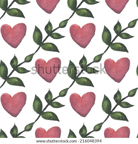 Vintage seamless pattern with branches and hearts. Watercolor paint. Romantic theme.
