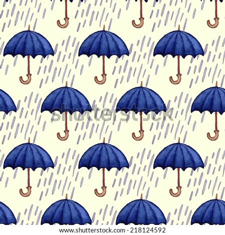 Vintage seamless pattern with rain drops and umbrellas. Watercolor paint. Autumn theme.
