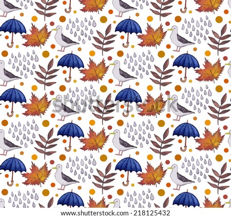 Vintage seamless pattern with rain drops, leaves and umbrellas. Watercolor paint. Autumn theme.