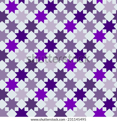 Abstract seamless pattern based on geometric shapes. Can be used as decoration for the gift boxes, wallpapers, backgrounds, web sites. Geometrical ornament with purple stars.