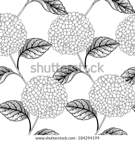Seamless vector pattern with flowers hydrangeas.  Black and white background. Seamless pattern can be used for wallpapers, fabric, pattern fills, web page backgrounds, surface textures.