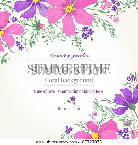Vector wedding invitation with pink and purple flowers on a white background.