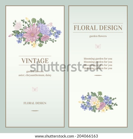 Set of two invitations in vintage style. Bouquets of flowers with garden daisies, asters in pastel colors on a light background. Isolated. Vector illustration.