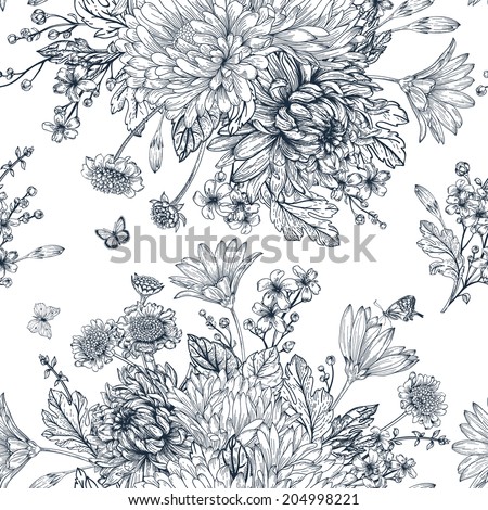 Elegant seamless pattern with bouquets of flowers on a white background. Garden asters, chrysanthemums, daisies. Vector monochrome illustration. Black and white background.