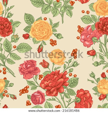 Beautiful seamless pattern with orange and yellow roses and berries on a beige background. Vintage vector illustration.