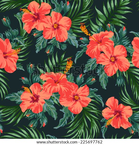 Seamless exotic pattern with tropical leaves and flowers on a black background. Hibiscus, palm. Vector illustration.